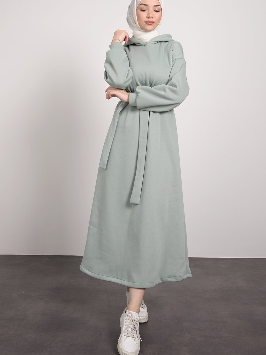 Lamia Giyim Kapüşonlu Seyyar Kuşaklı Elbise Su Yeşili