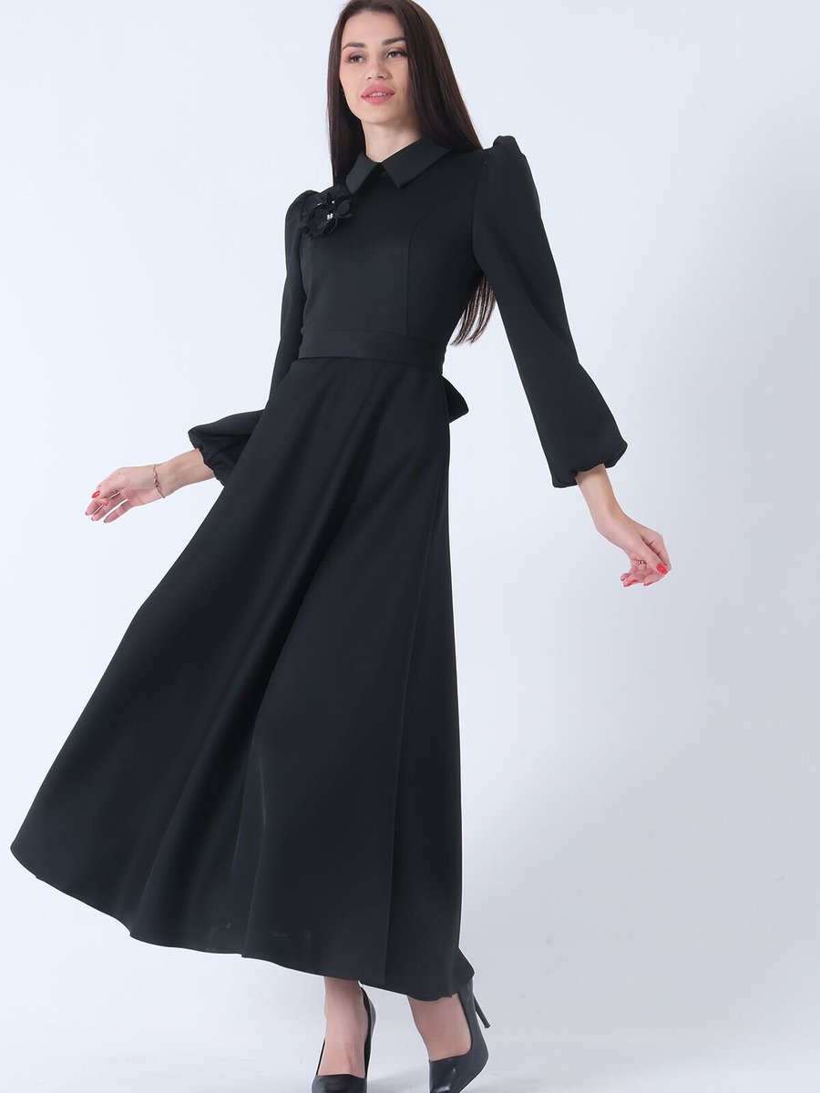 Ardanewline Siyah Kemer Bağlamalı Kloş Elbise
