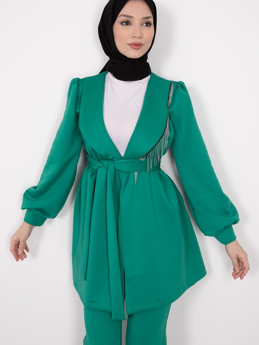 Lamia Giyim Yaka Çapraz Zincir Işlemeli İkili Takım Ördek Yeşili