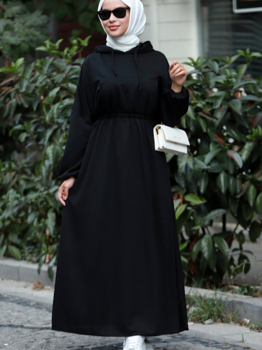 Bestenur Lidya Beli Lastikli Kapüşonlu Elbise Siyah