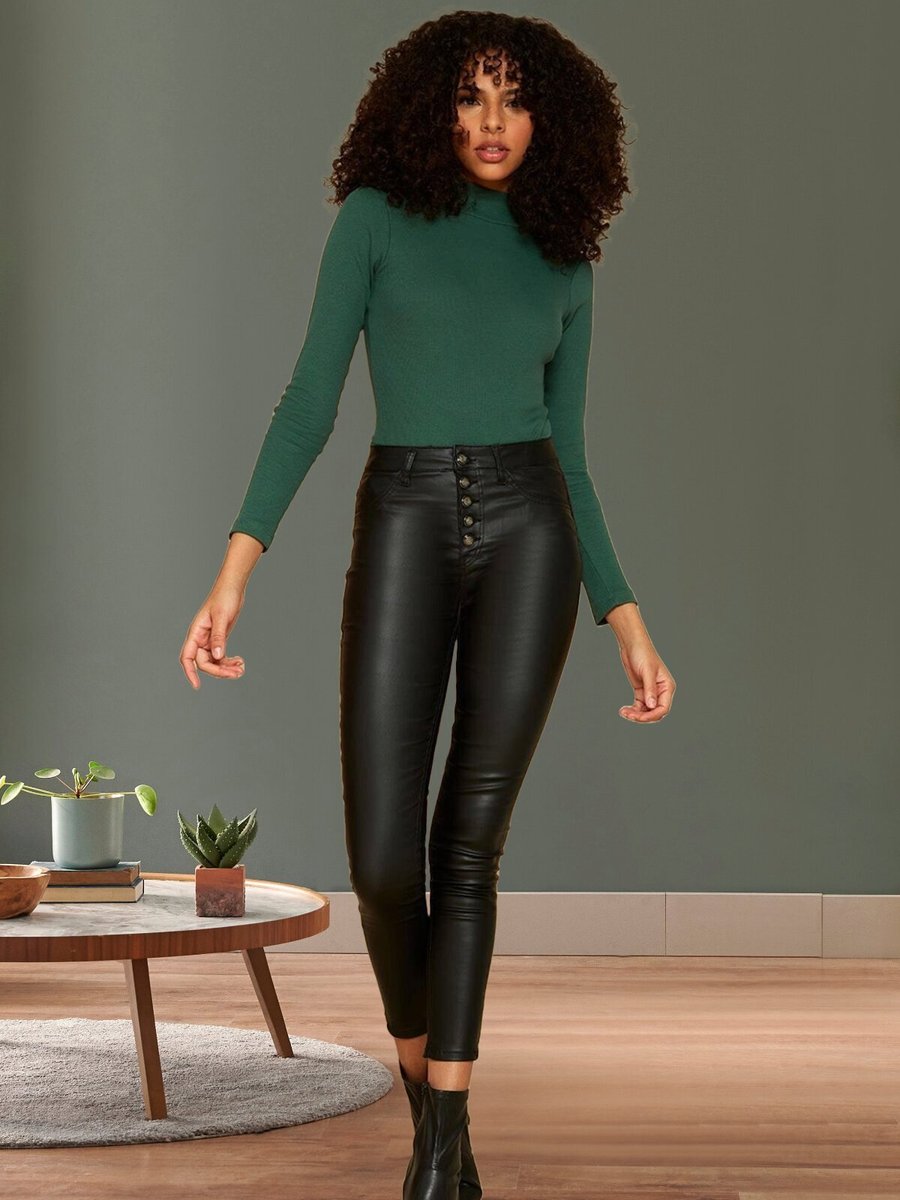 Select Moda Siyah Düğme Detaylı Deri Görünümlü Skinny Pantolon
