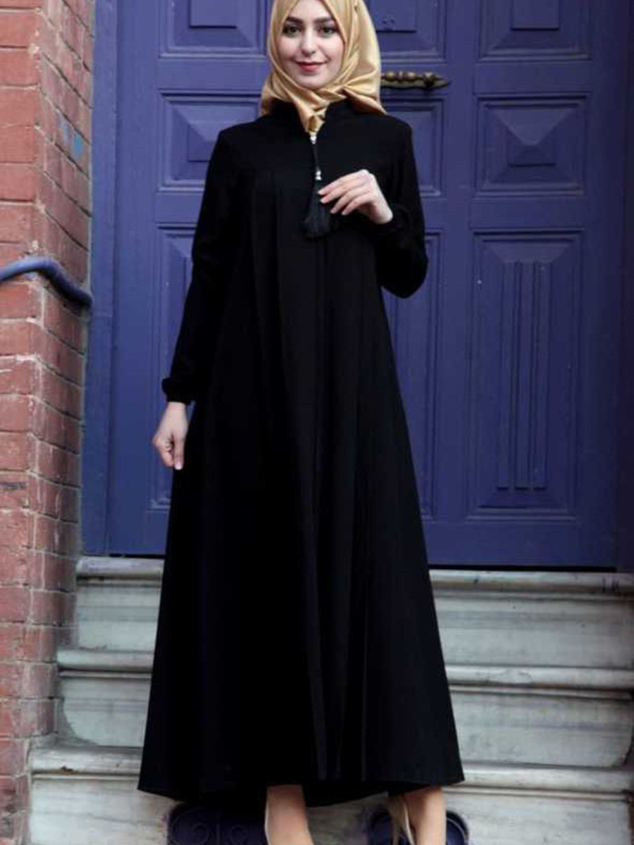 Hera Giyim Medine Ipeği Pile Detaylı Ferace Mdc Siyah