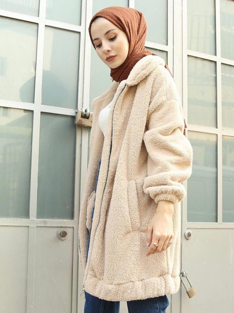 Moda Periy Kadın Modest Basic Mevsimlik Kışlık Fermuarlı Cepli Peluş Hırka Kap