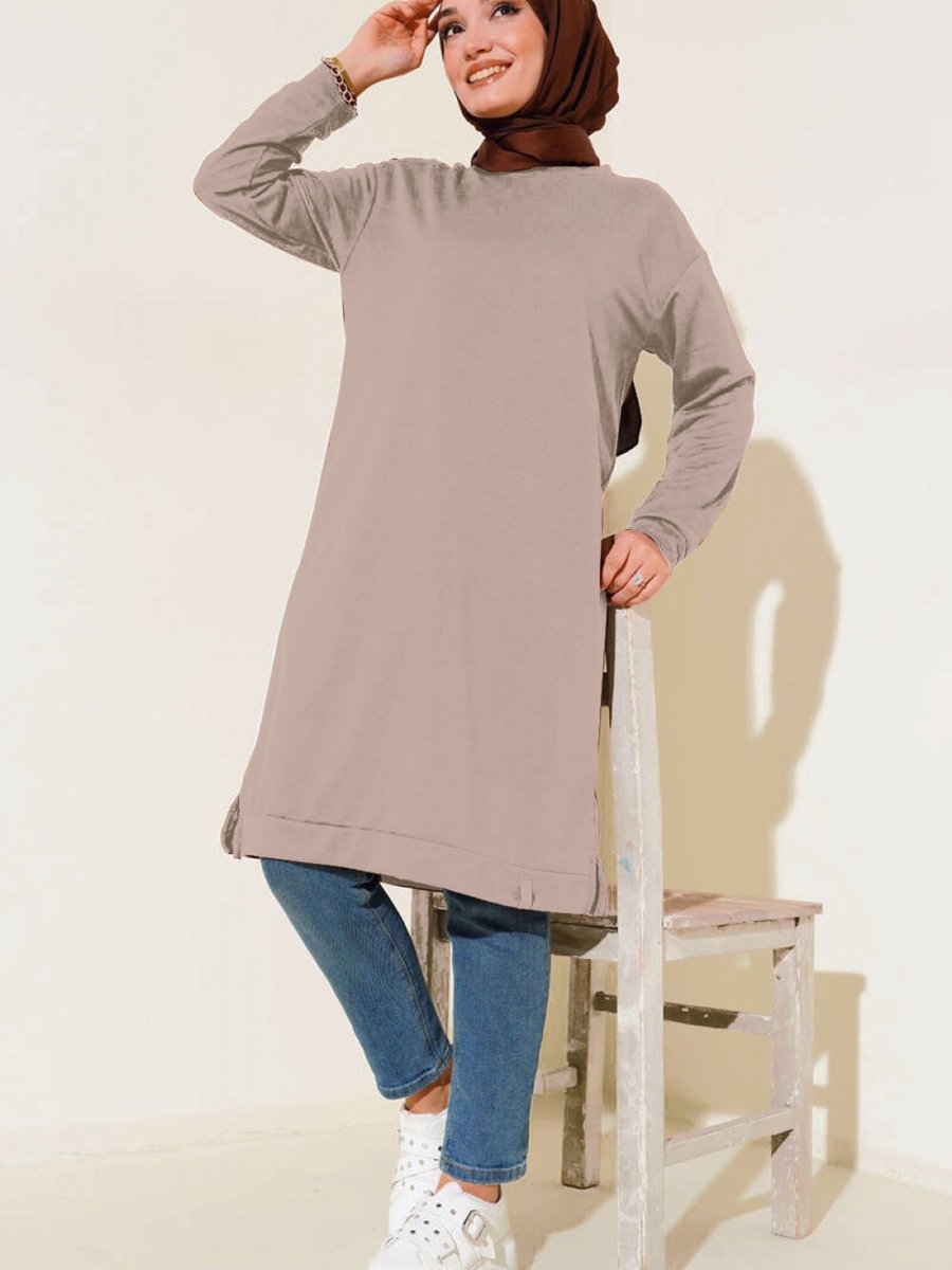 Benguen Yanları Yırtmaçlı Basic Uzun Tunik Vizon