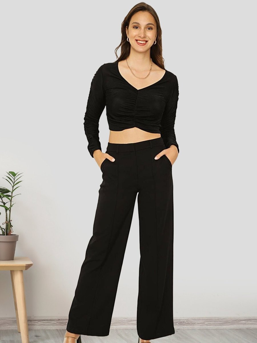 Select Moda Siyah Nervür Dikişli Geniş Paça Pantolon