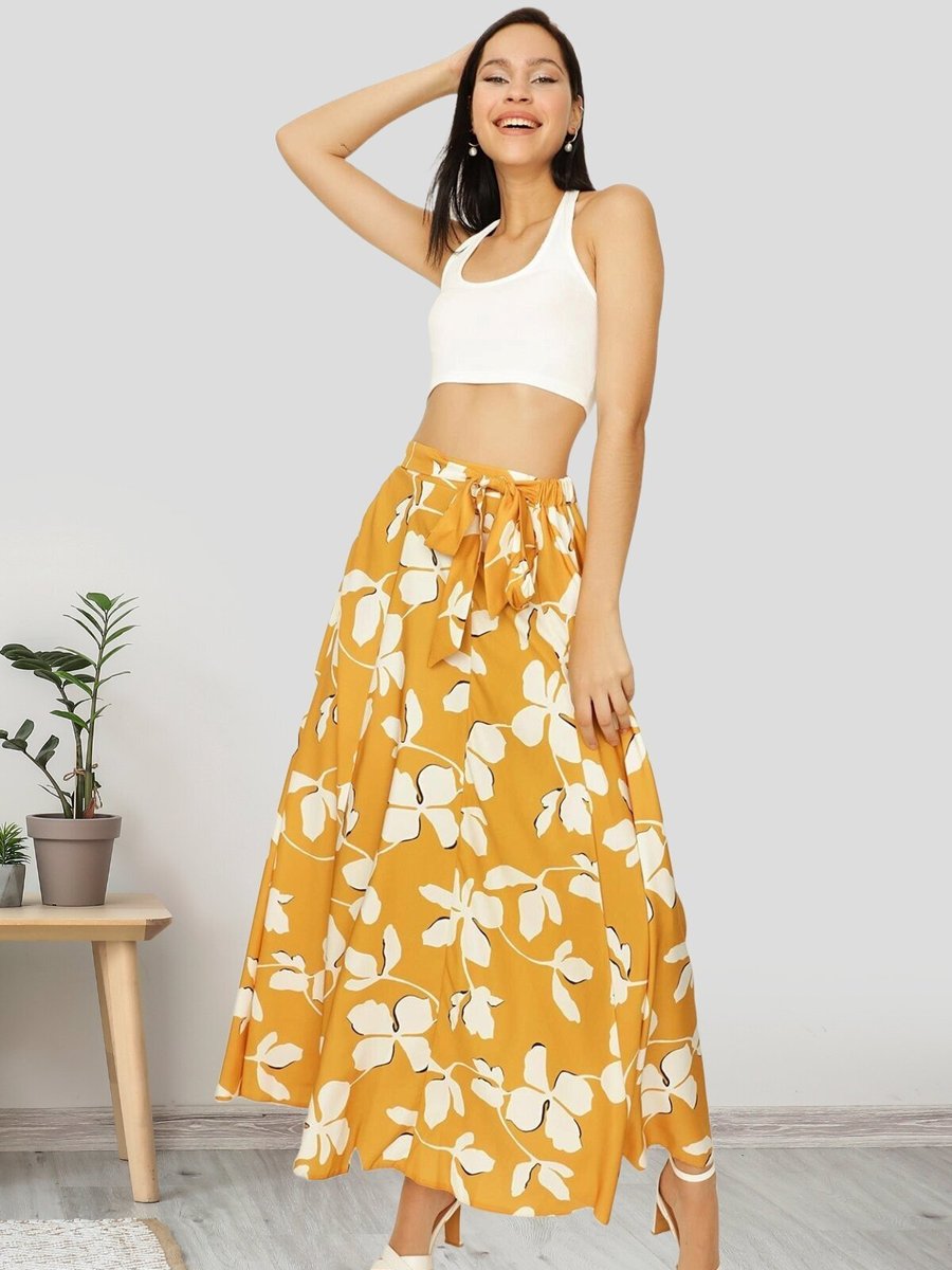 Select Moda Sarı Desenli Kuşaklı Volanlı Uzun Etek