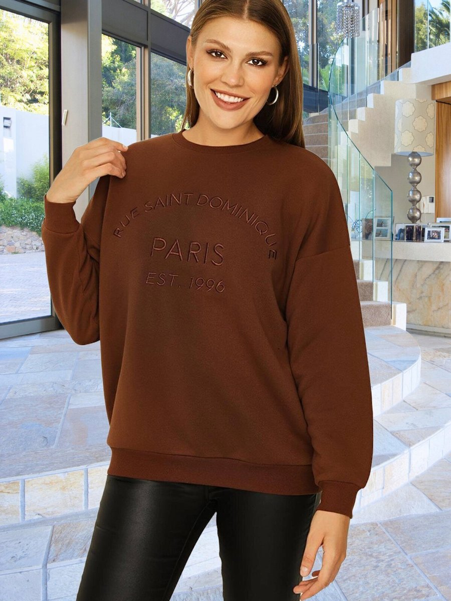 Select Moda Kahverengi Yazı Detaylı Basic Örme Sweatshirt