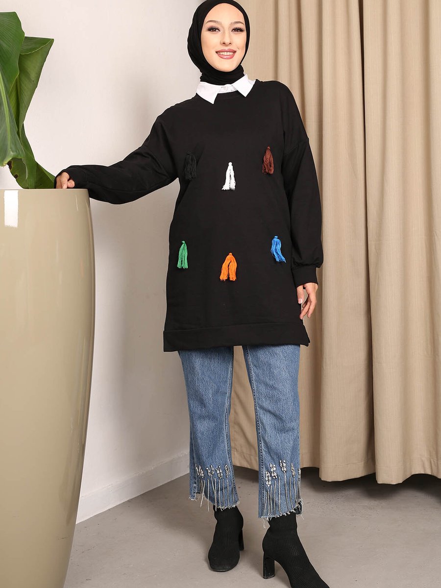 İmajbutik Siyah Püskül Detaylı İki İplik Sweatshirt