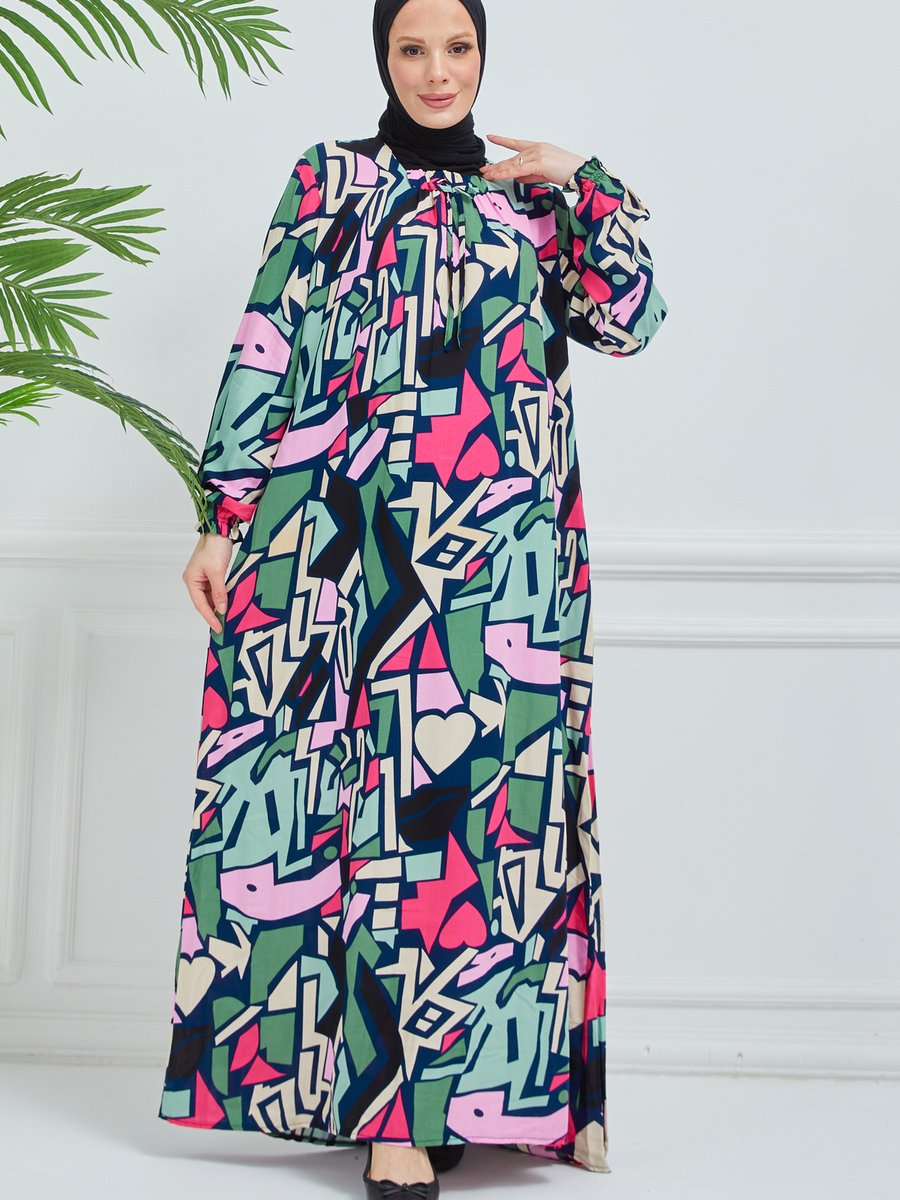 Buhara Giyim Geometrik Desen Bağcıklı Elbise