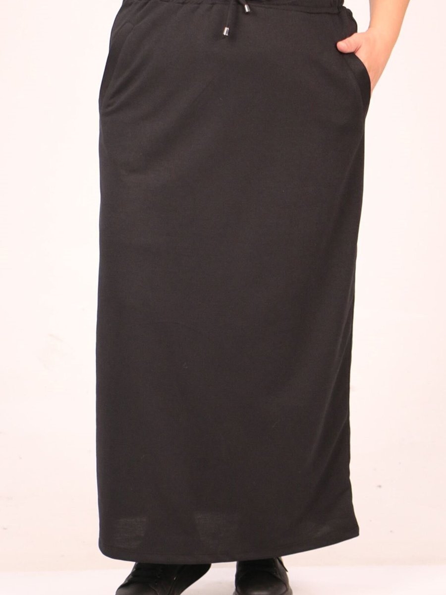 Moda Rosa Siyah Büyük Beden İki İplik Cep Detaylı Uzun Etek