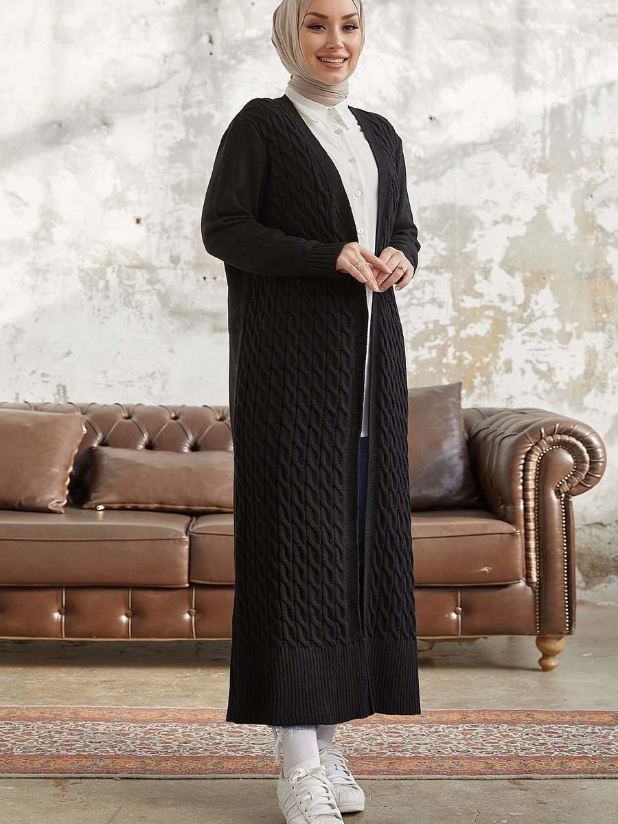 Instyle Jolie Örgü Desenli Triko Uzun Hırka Siyah