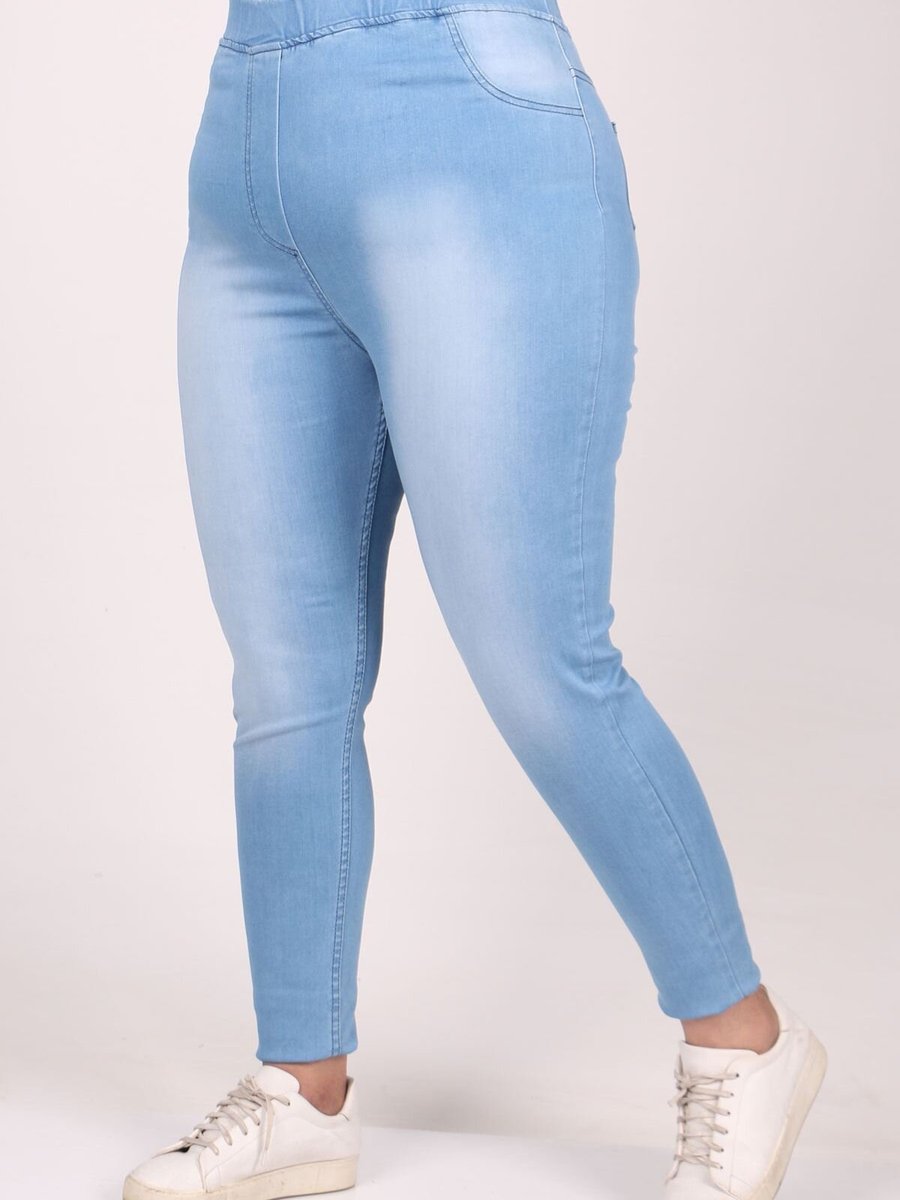 Moda Rosa Buz Mavi Büyük Beden Beli Lastikli Taşlamalı Dar Paça Kot Pantolon