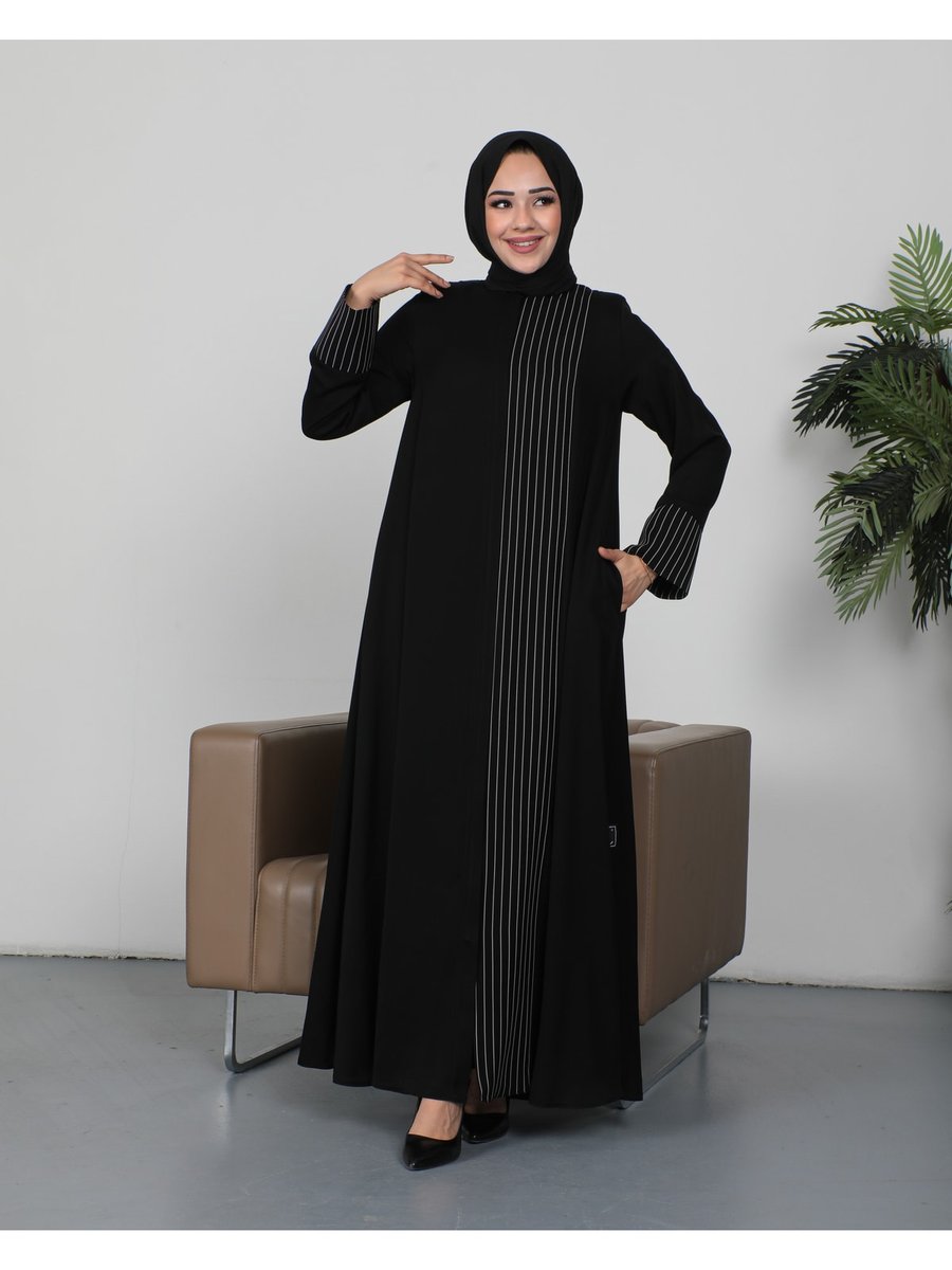 Kadeem Boydan Çizgili Dubai Ipeği Siyah Abaya