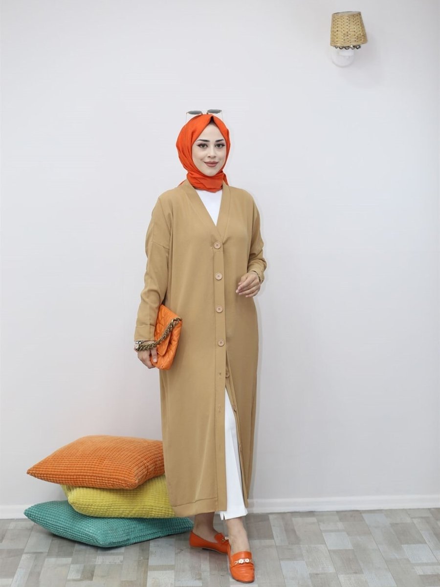 Hera Fashion Boydan Düğmeli Uzun Hırka