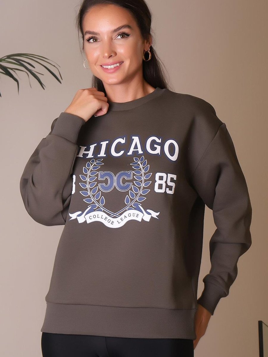Fashion Friends Haki Chicago Baskılı Sweatshirt