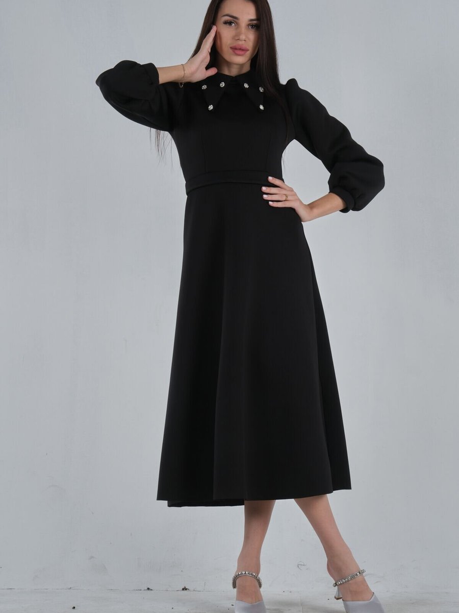 Ardanewline Siyah Scuba Yakası Taş İşlemeli Elbise