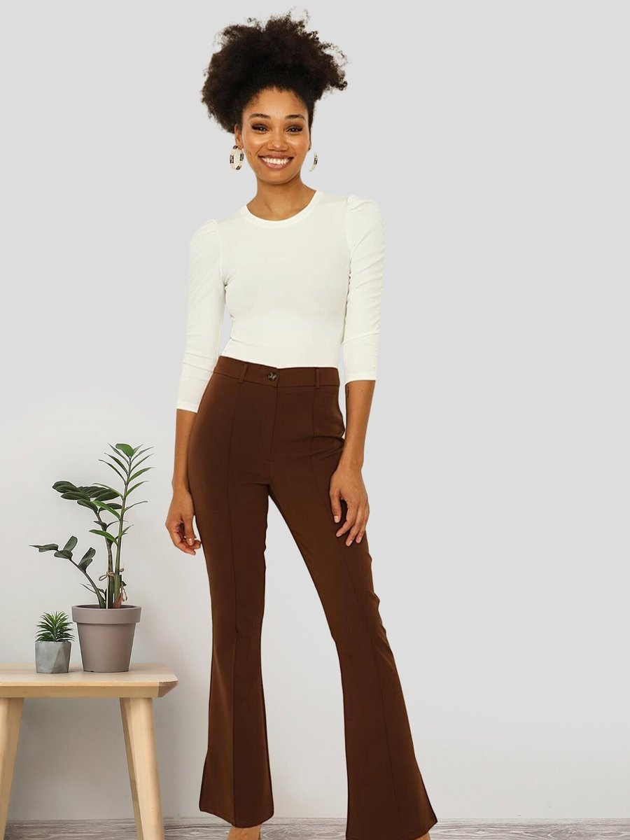 Select Moda Kahverengi Paçası Yırtmaçlı İspanyol Paça Pantolon
