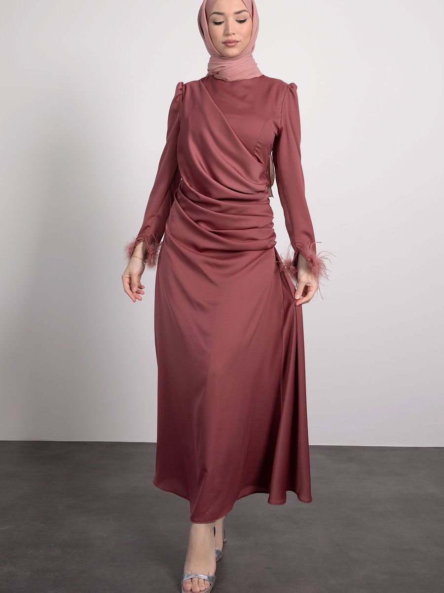 Lamia Giyim Önü Pilise Ve Düğme Detaylı Abiye Elbise Gül Kurusu
