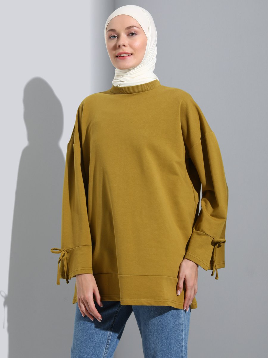 Benin Yağ Yeşili Kol Detaylı Bisiklet Yaka Sweatshirt