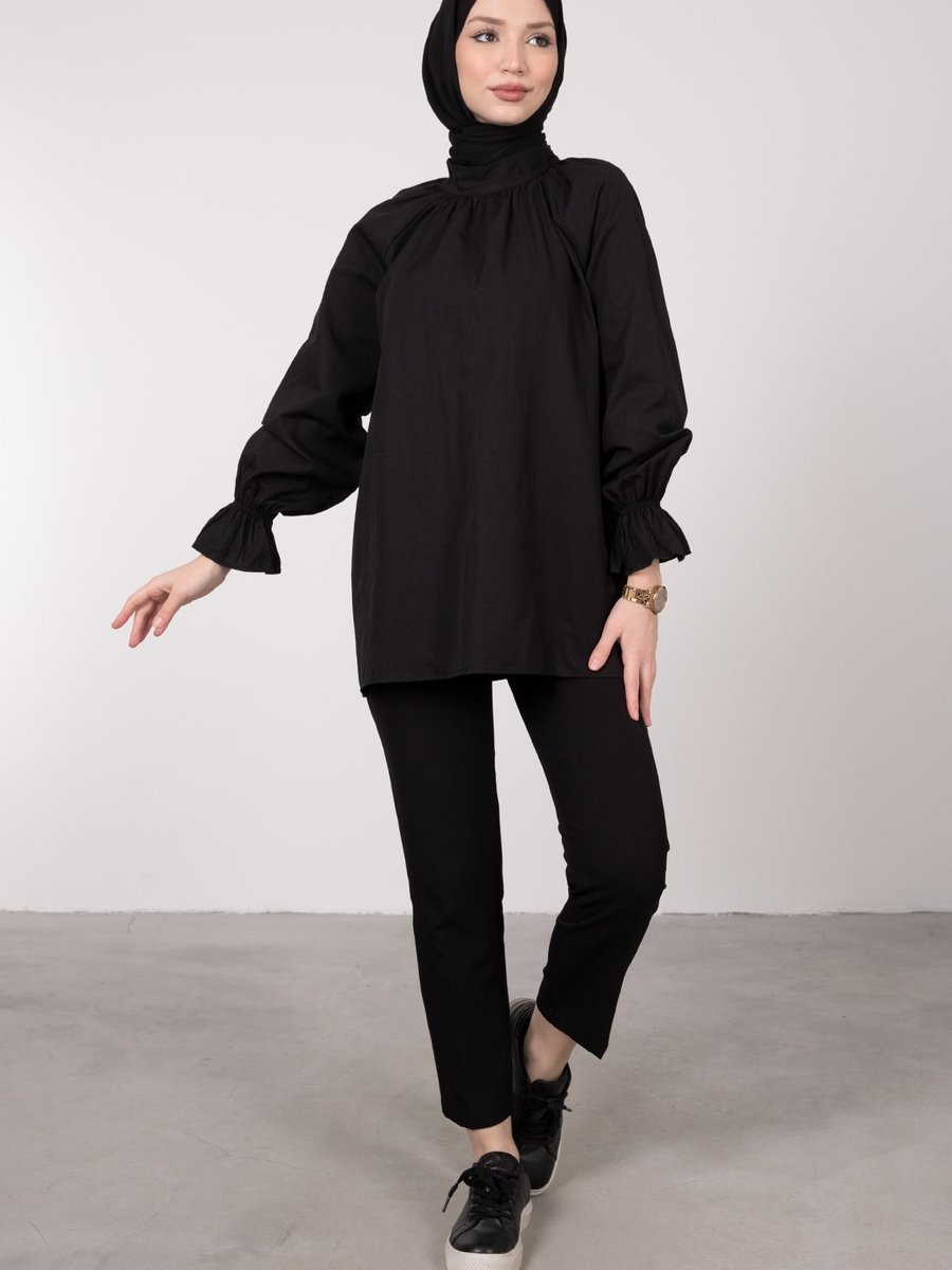 Lamia Giyim Oversize Kesim Manşet Detaylı Tunik Siyah