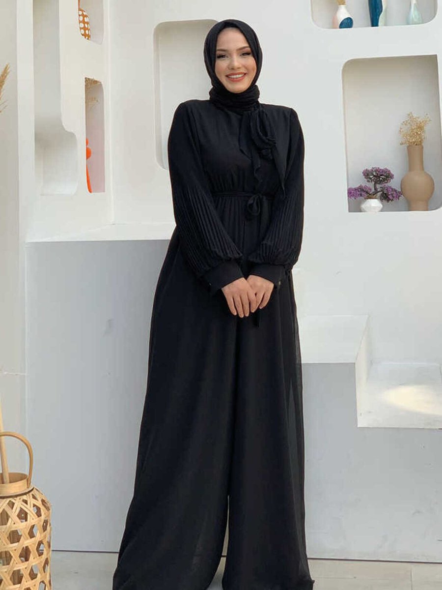 Bym Fashion Kol Ve Yaka Pilise Detaylı Bel Kuşaklı Şifon Tulum Siyah