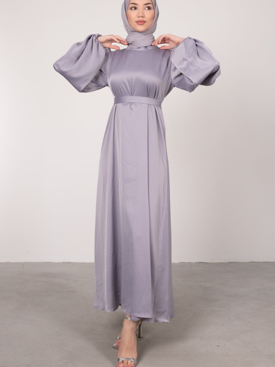 Lamia Giyim Geniş Kesim Balon Kol Saten Abiye Elbise Gri