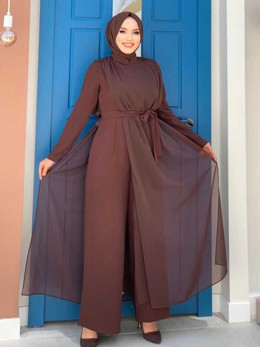 Bym Fashion Şifon Pelerin Detay Bel Kuşaklı Tulum Kahverengi