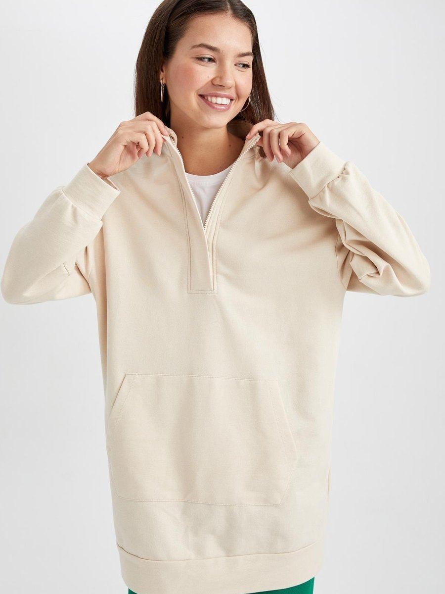 Defacto Relax Fit Dik Yaka Yarım Fermuarlı Basic Sweatshirt Tunik