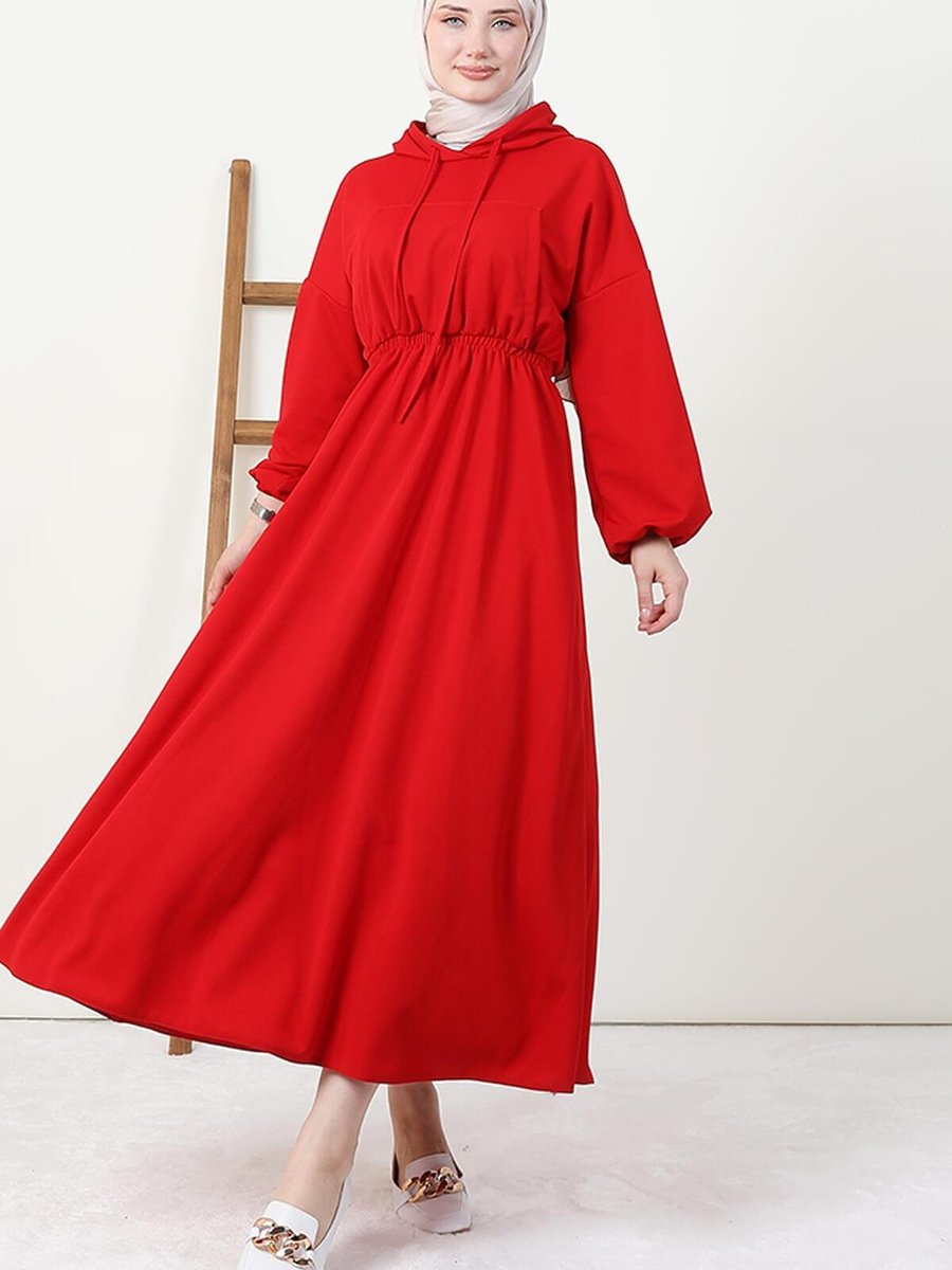 Giza Giyim Göğsü Cepli Kapüşonlu Elbise Kırmızı