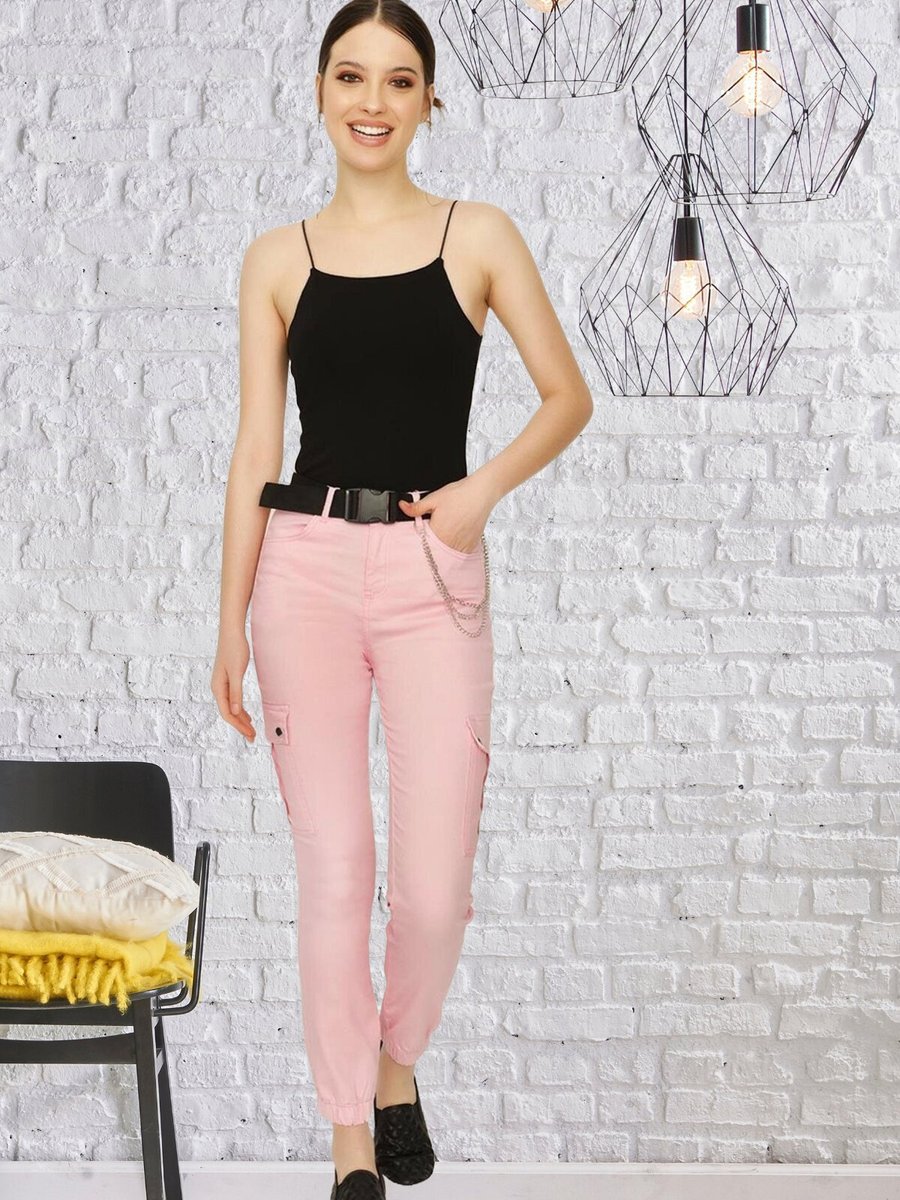 Select Moda Pembe Kemerli Zincirli Kargo Pantolon