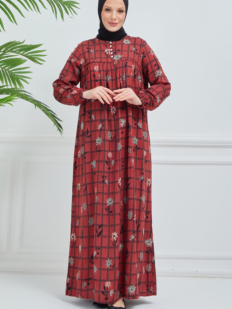 Buhara Giyim Kare Desenli Robalı Elbise