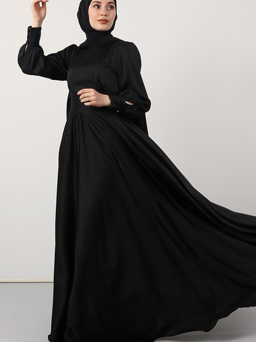 Giza Giyim Beli Pileli Saten Abiye Elbise Siyah