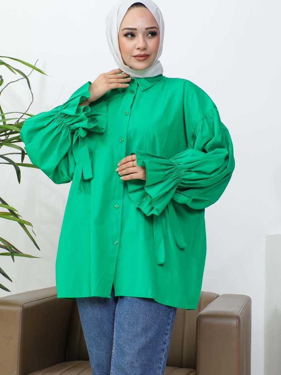 İmajbutik Yeşil Balon Kol Detaylı Terikoton Gömlek