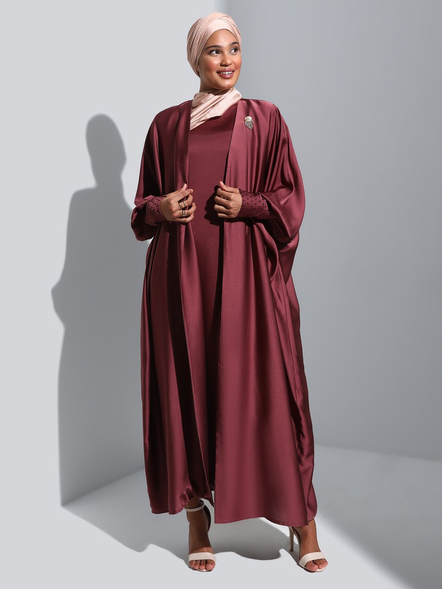 Refka Koyu Visne Kolları Taş Detaylı Saten Elbise & Ferace İkili Abiye Takım