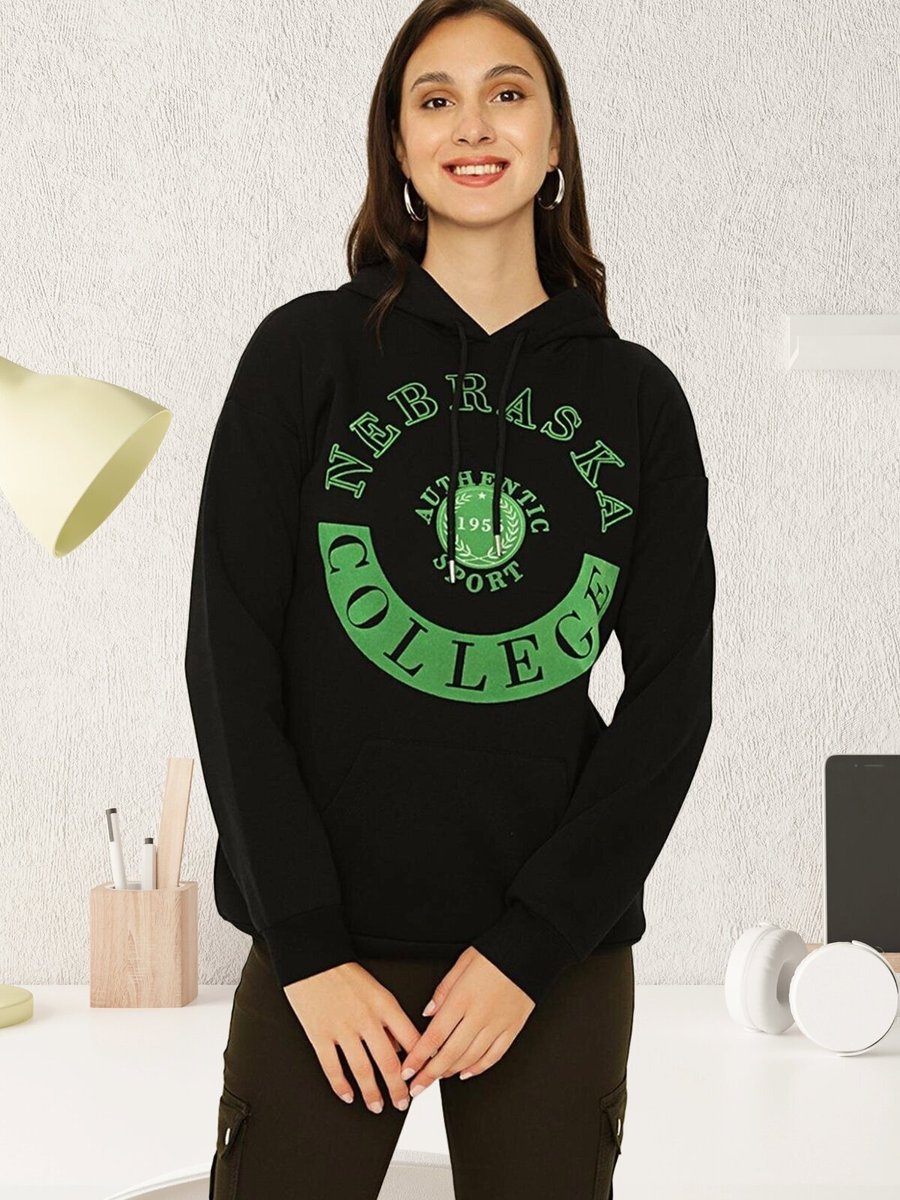 Select Moda Siyah Kapüşonlu Cepli Baskılı Sweatshirt