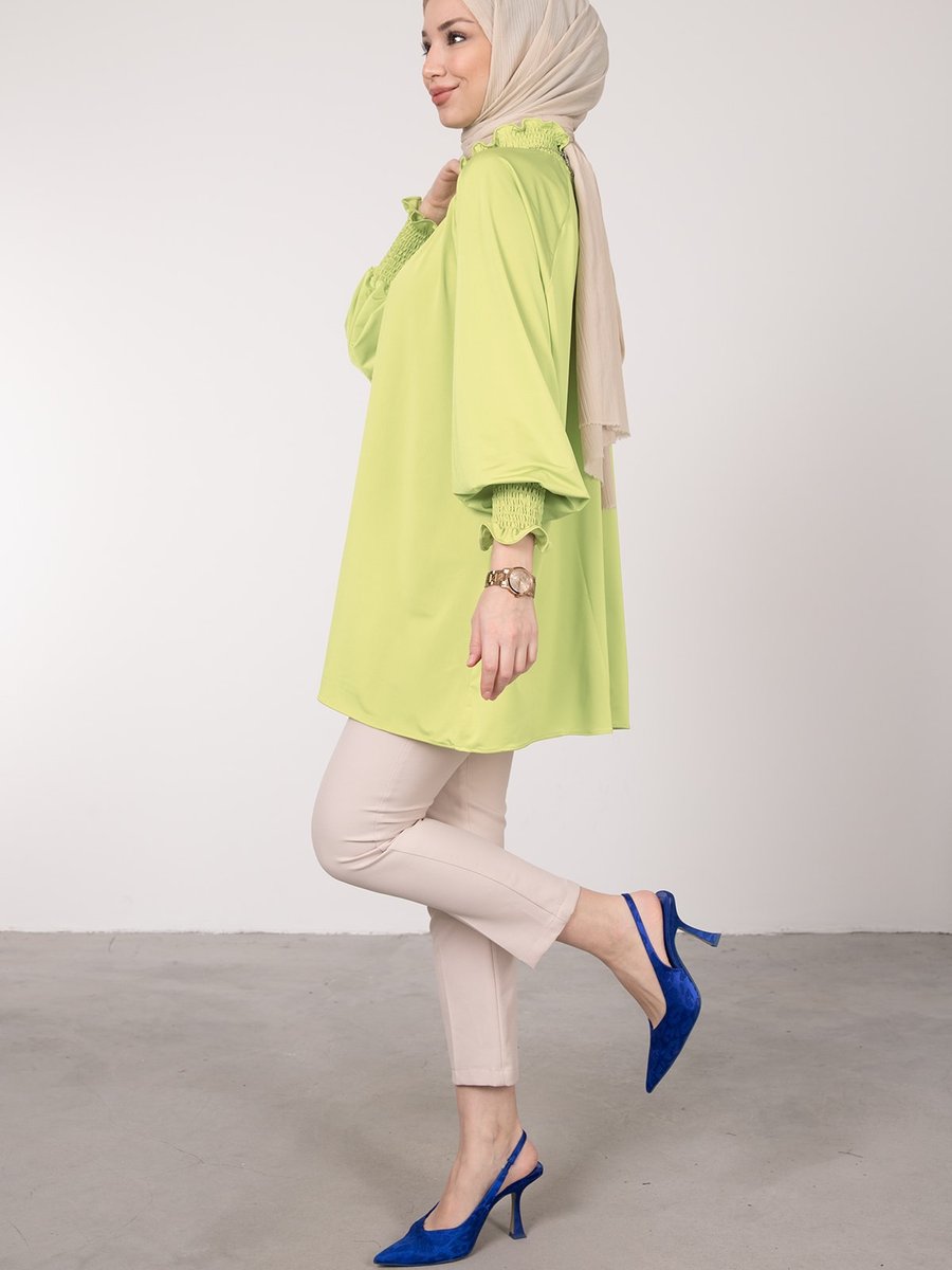 Lamia Giyim Boğaz Ve Manşet Detaylı Saten Tunik Neon Yeşil
