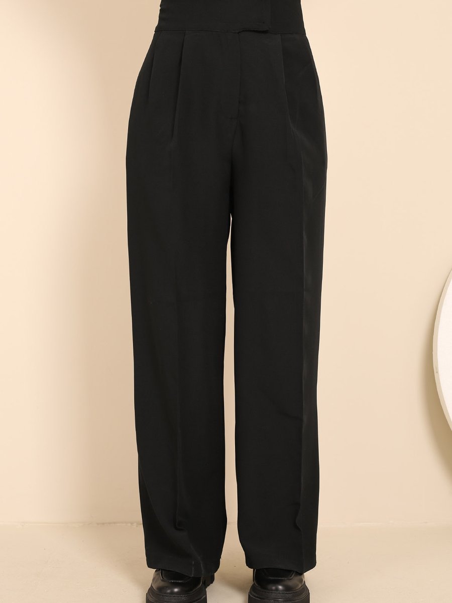 İmajbutik Siyah Yüksek Bel Bol Paça Kumaş Pantolon