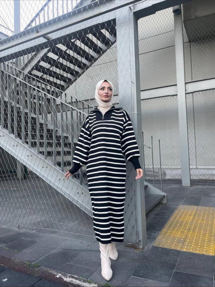 Sfg Life Moda Kadın Çizgili Yakası Fermuarlı Triko Şık Elbise