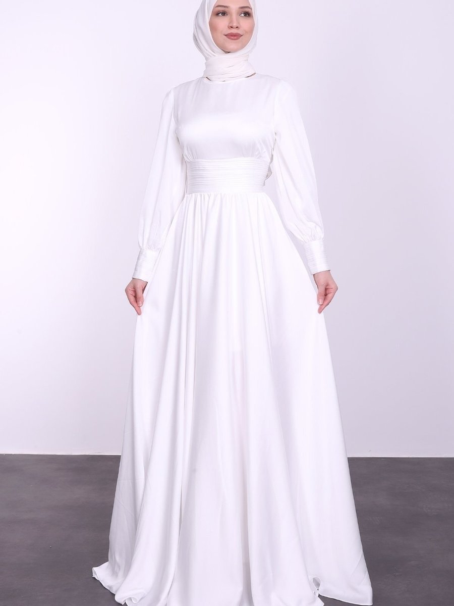 Lamia Giyim Bel Ve Kol Detaylı Saten Abiye Elbise Beyaz