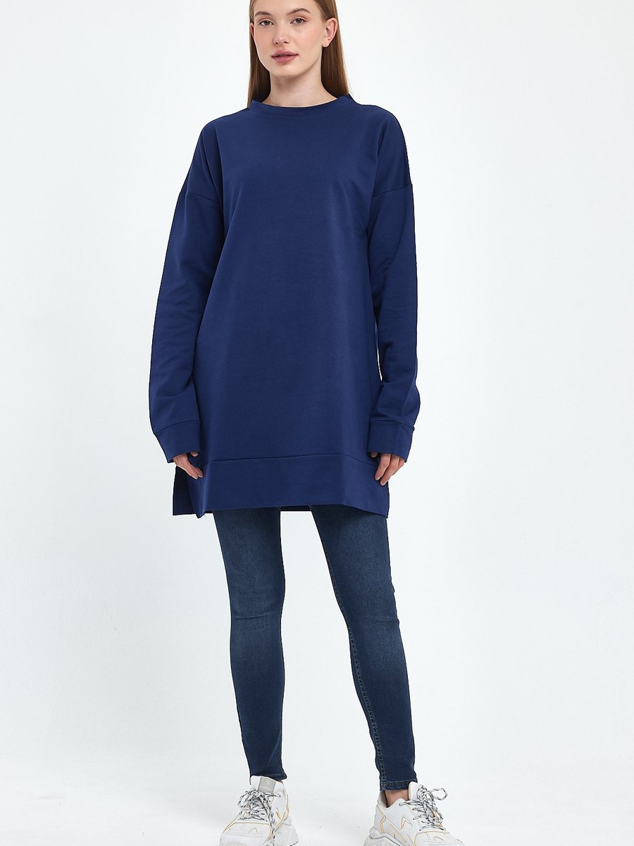 Gippe Collection İndigo Bisiklet Yaka Yırtmaç Detaylı Basic Örme Sweatshirt