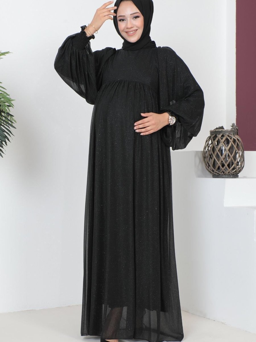 Modamihram Simli Şifon Hamile Abiye Elbise Siyah