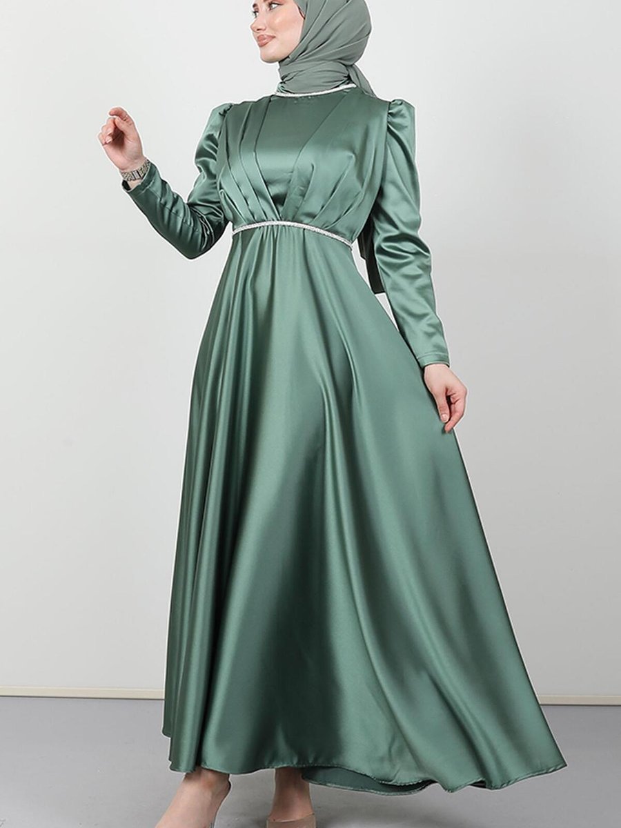 Giza Giyim Yaka Taş Saten Abiye Elbise Soft Yeşil