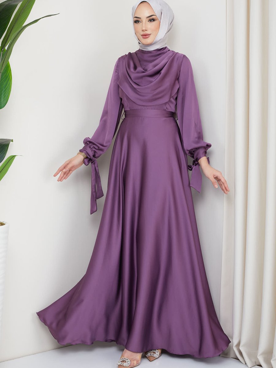 İmajbutik Lila Yaka Detaylı Kol Bağlamalı Saten Abiye Elbise