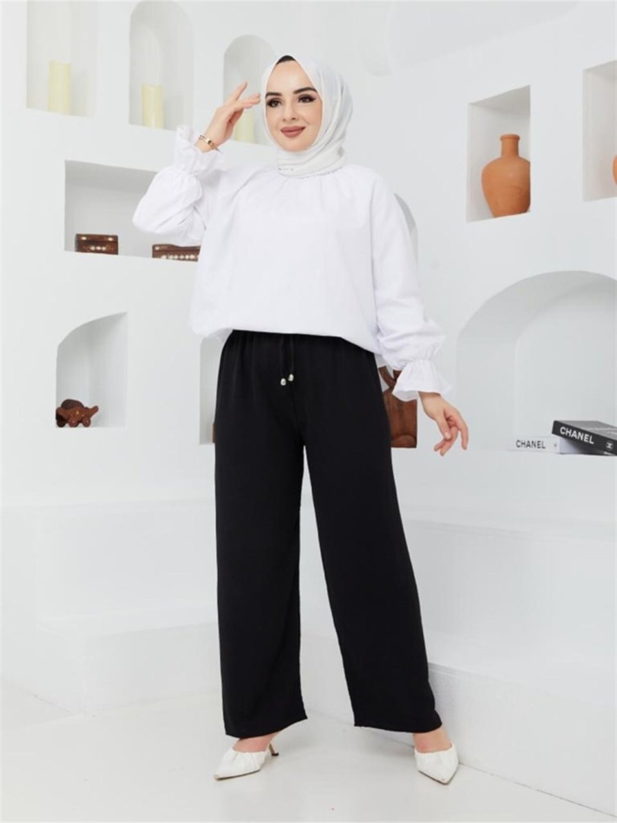 Moda Periy Modest Basic Beli Bağcıklı Lastikli Rahat Kalıp Yazlık Bol Paça Uzun Boy Pantolon