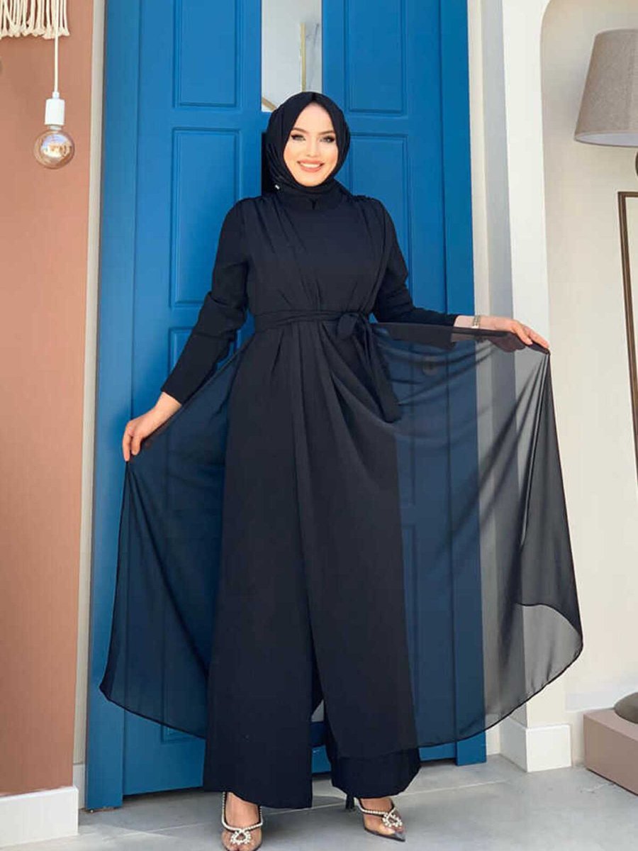Bym Fashion Şifon Pelerin Detay Bel Kuşaklı Tulum Siyah