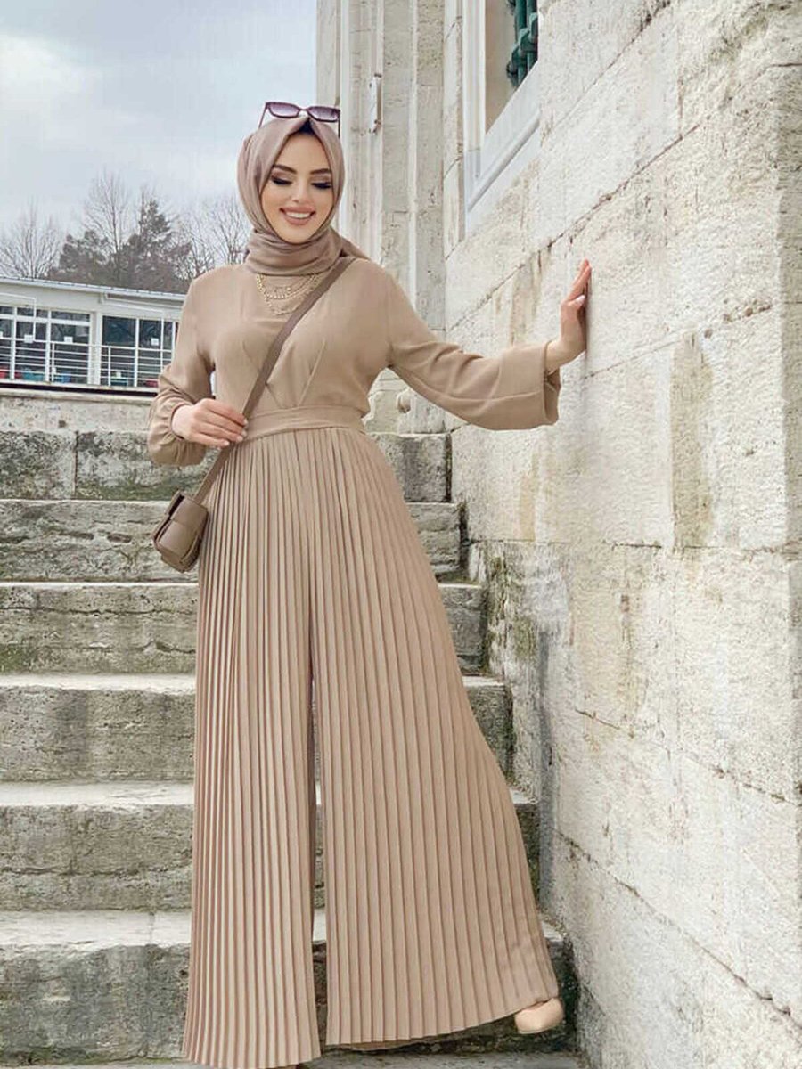 Bym Fashion Eteği Pilise Detaylı Bel Kuşaklı Kol Manşetleri Lastikli Tulum Vizon