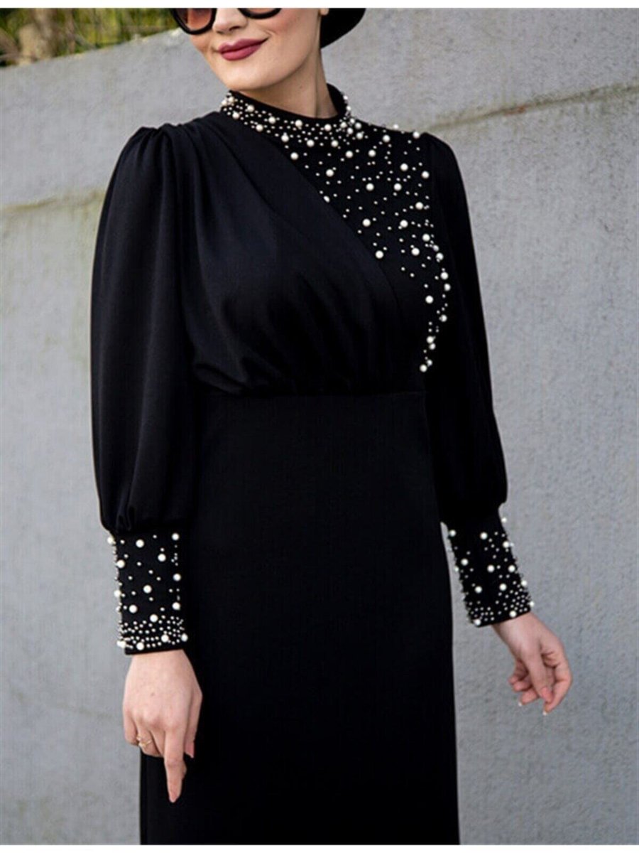 Hera Fashion İnci Detaylı Özel Gün Elbisesi Siyah