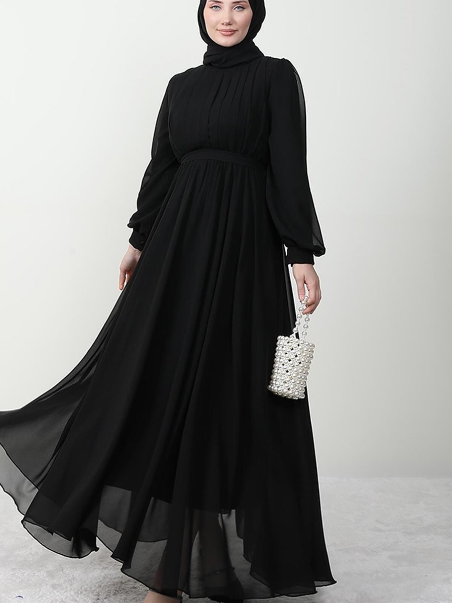 Giza Giyim Beli Lastikli Pileli Şifon Elbise Siyah