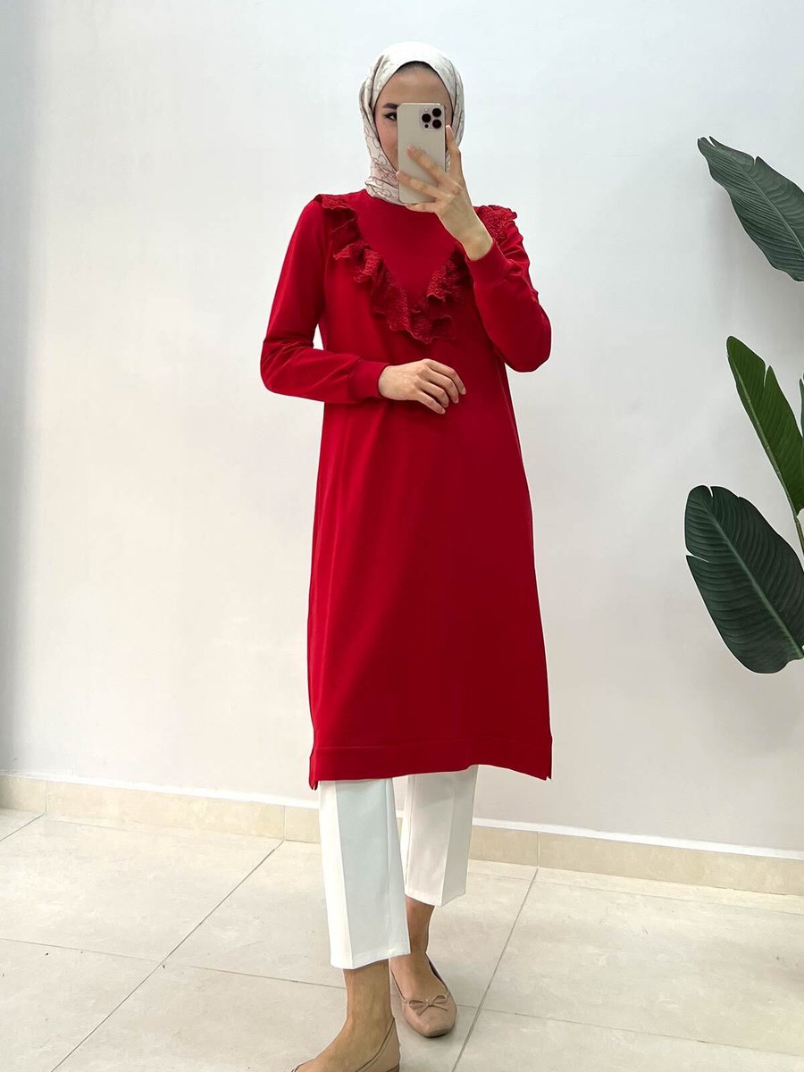 Rimel Moda Fisto Dantelli Tunik Kırmızı