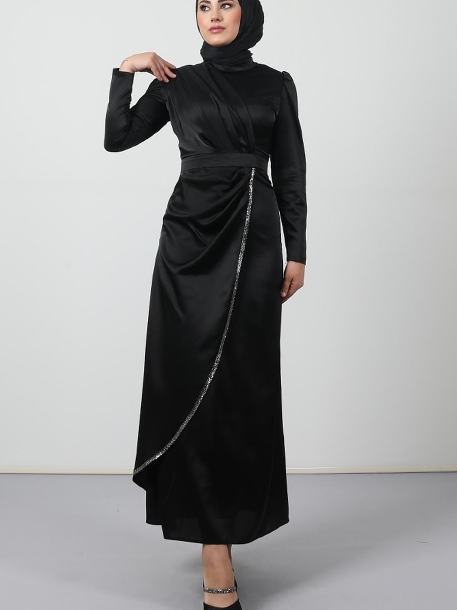 Giza Giyim Eteği Taş Detay Saten Elbise Siyah